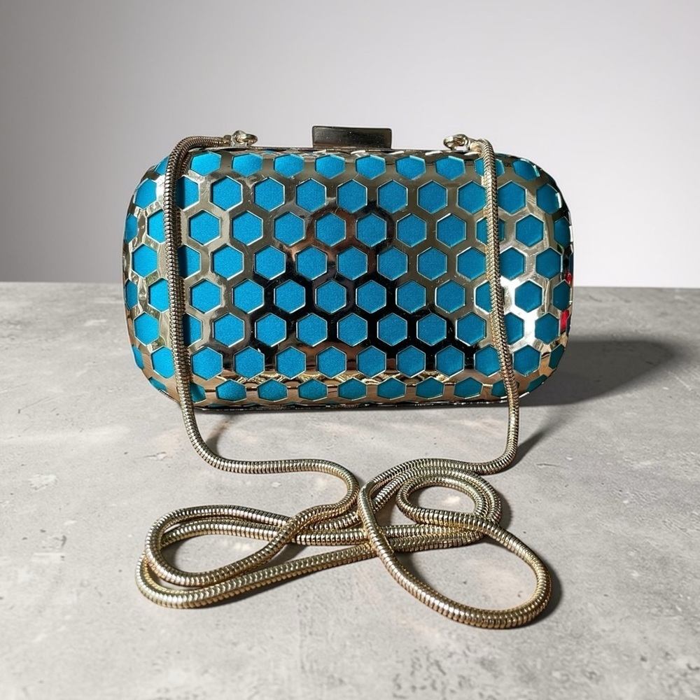 Inge Christopher Turquoise Gold Crossbody Clutch Hard Shell Evening Bag Purse